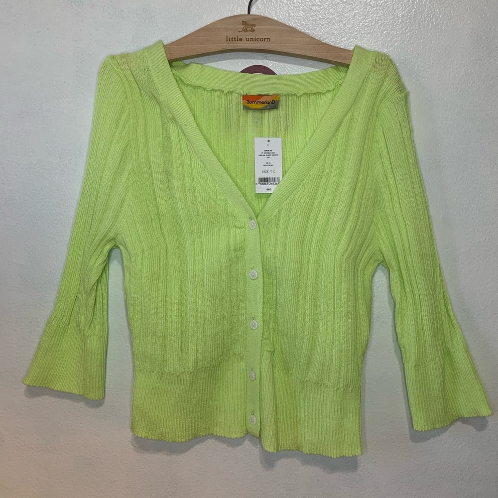 Summerland Cardigan Ribbed Cropped Solid Green Bright